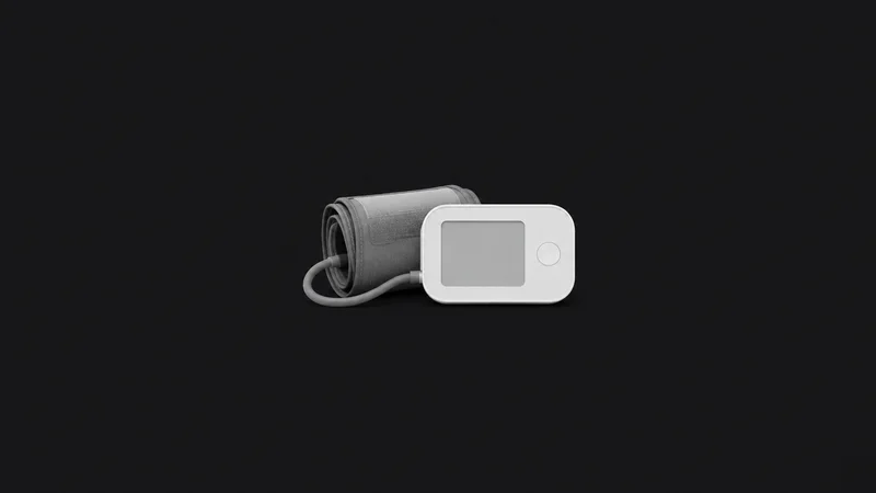 Isolated a bluetooth upper-arm blood-pressure cuff with a blank display unit centred on a seamless deep charcoal near-black studio background, generous empty margin on every side for overlaid branding