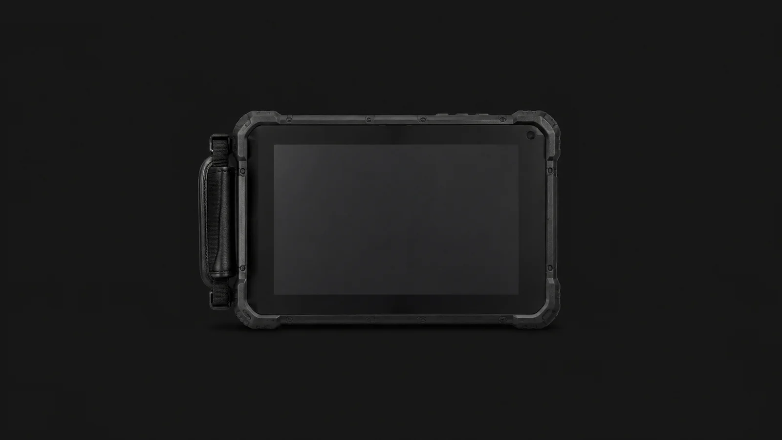 Isolated a rugged field-inspection tablet in a black protective case with a hand strap centred on a seamless deep charcoal near-black studio background, generous empty margin on every side for overlaid branding