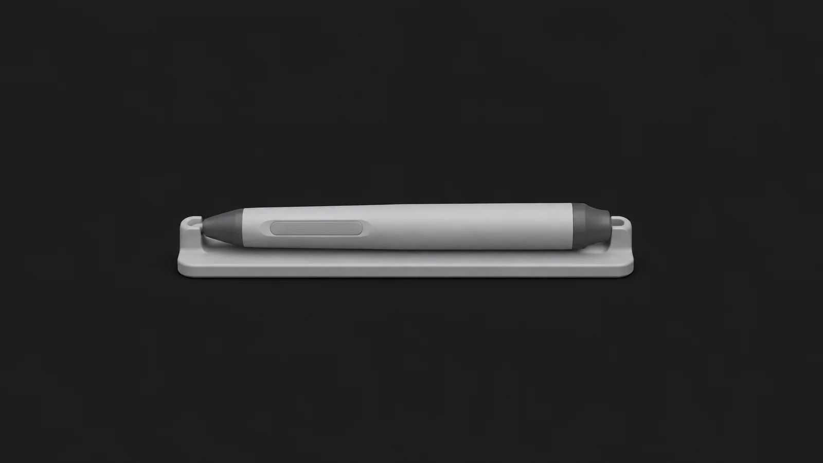 Isolated an interactive whiteboard stylus with a rounded tip resting in a tray centred on a seamless deep charcoal near-black studio background, generous empty margin on every side for overlaid branding