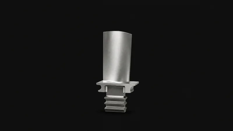 Isolated a machined titanium turbine-blade blank with a fir-tree root centred on a seamless deep charcoal near-black studio background, generous empty margin on every side for overlaid branding