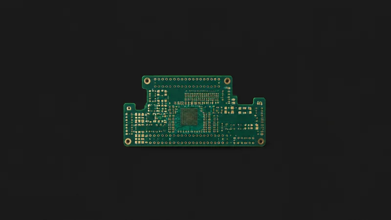 Isolated a bare green circuit board with gold-plated pads centred on a seamless deep charcoal near-black studio background, generous empty margin on every side for overlaid branding