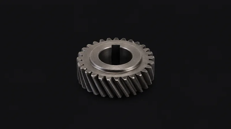 Isolated a large helical gear with a keyed bore centred on a seamless deep charcoal near-black studio background, generous empty margin on every side for overlaid branding