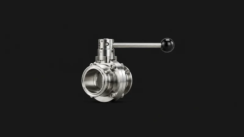 Isolated a stainless food-grade butterfly valve with a tri-clamp fitting centred on a seamless deep charcoal near-black studio background, generous empty margin on every side for overlaid branding