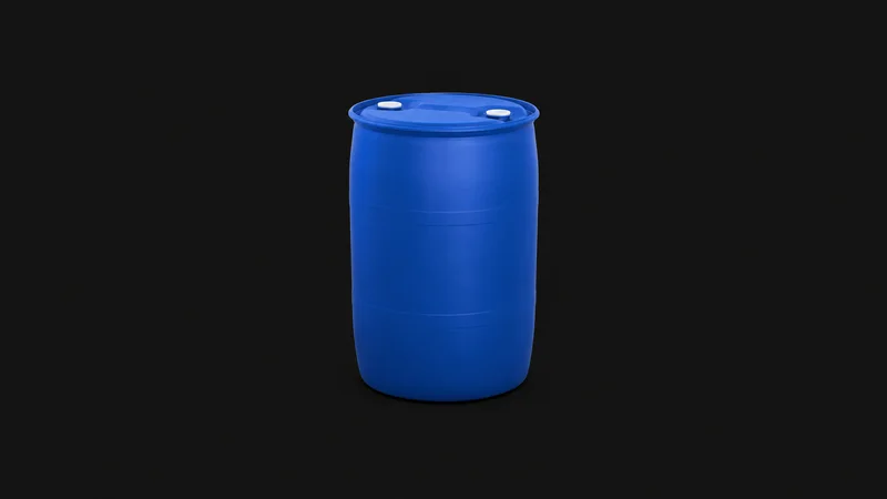 Isolated a blue polyethylene chemical drum with a bung cap centred on a seamless deep charcoal near-black studio background, generous empty margin on every side for overlaid branding