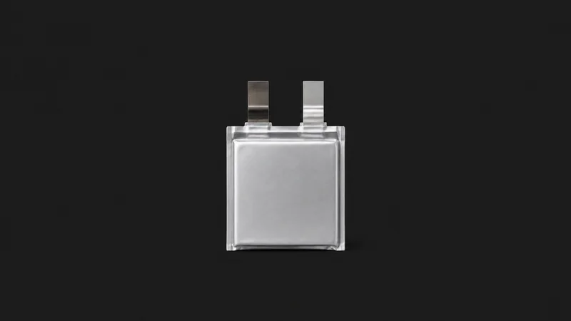 Isolated a pouch-cell lithium battery with two foil tabs centred on a seamless deep charcoal near-black studio background, generous empty margin on every side for overlaid branding