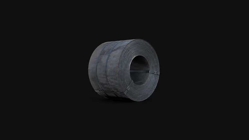 Isolated a coil of hot-rolled steel strip with blue-black mill scale centred on a seamless deep charcoal near-black studio background, generous empty margin on every side for overlaid branding