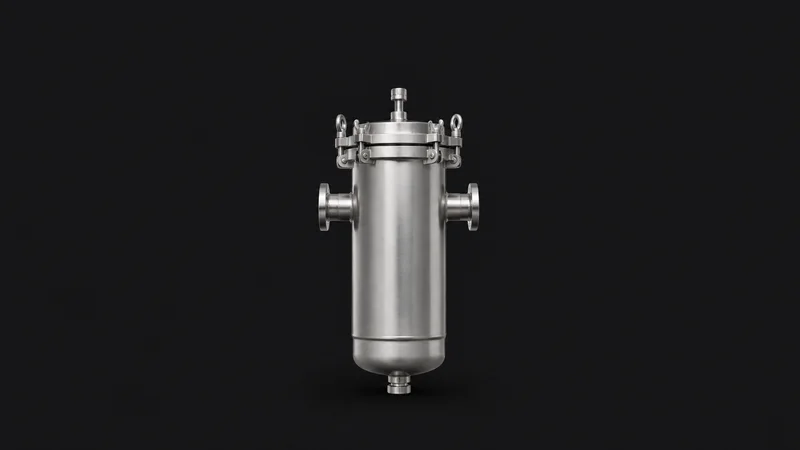 Isolated a stainless membrane-filtration cartridge centred on a seamless deep charcoal near-black studio background, generous empty margin on every side for overlaid branding