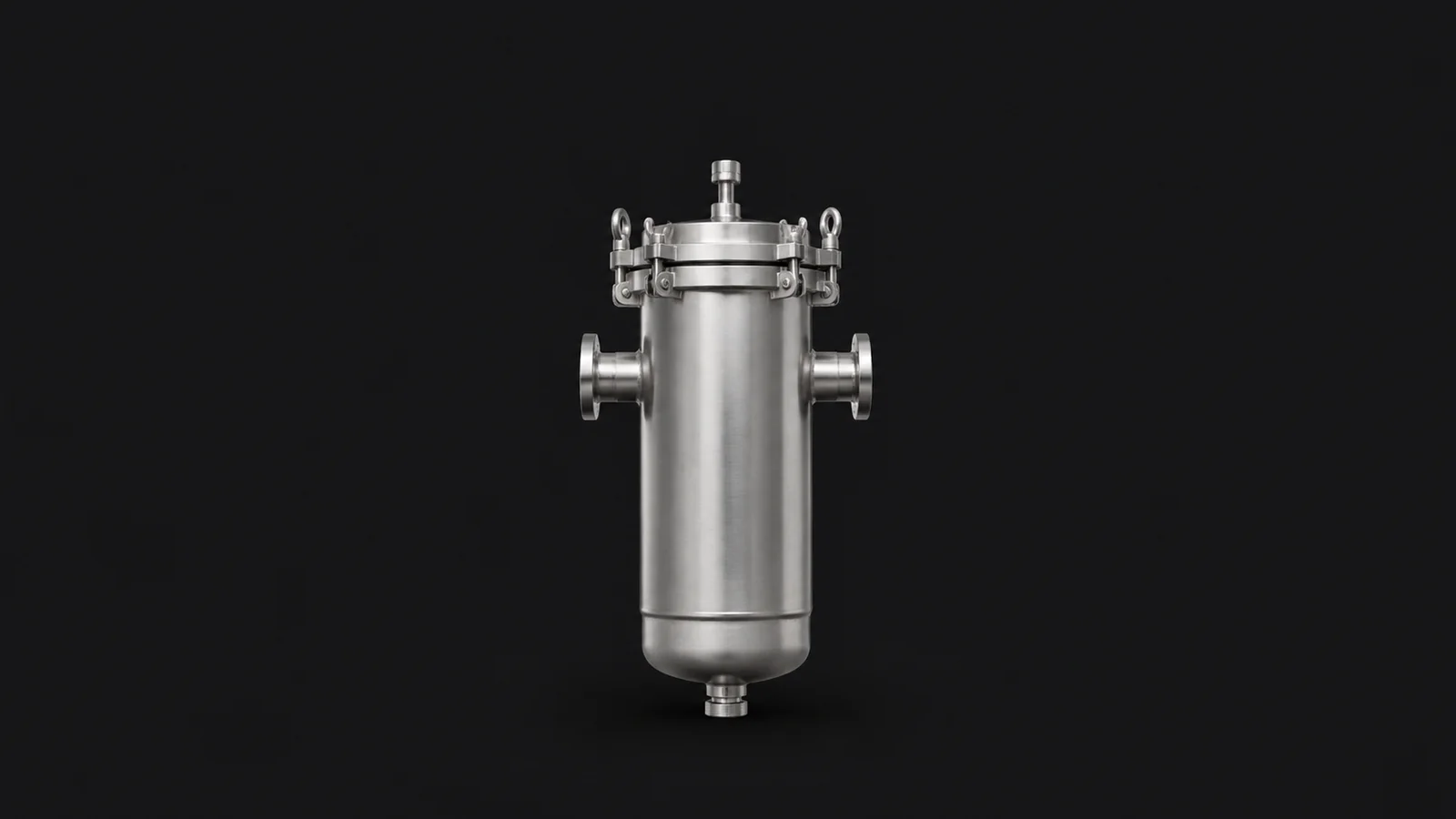 Isolated a stainless membrane-filtration cartridge centred on a seamless deep charcoal near-black studio background, generous empty margin on every side for overlaid branding