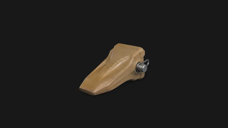 Isolated a cast ground-engaging bucket tooth with a locking pin centred on a seamless deep charcoal near-black studio background, generous empty margin on every side for overlaid branding