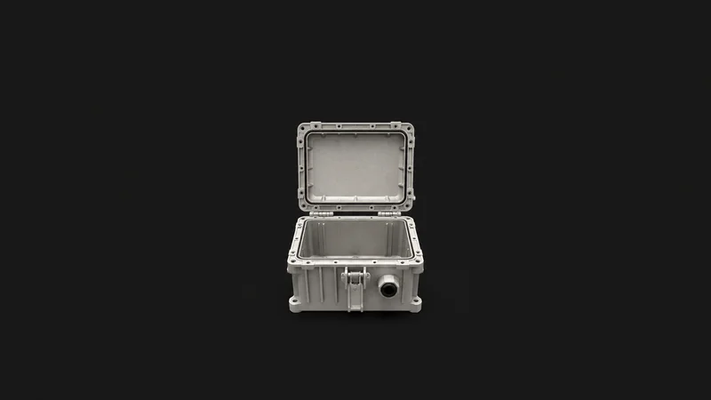 Isolated a ruggedised aluminium electronics enclosure with a hinged lid centred on a seamless deep charcoal near-black studio background, generous empty margin on every side for overlaid branding