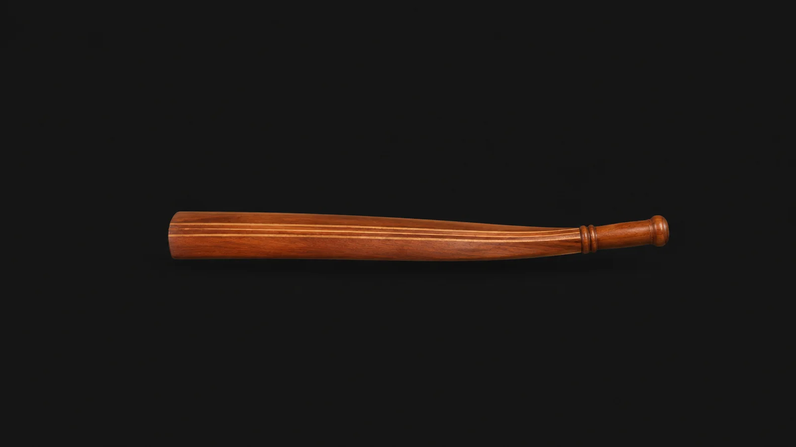 Isolated a laminated mahogany tiller with a turned end grip centred on a seamless deep charcoal near-black studio background, generous empty margin on every side for overlaid branding