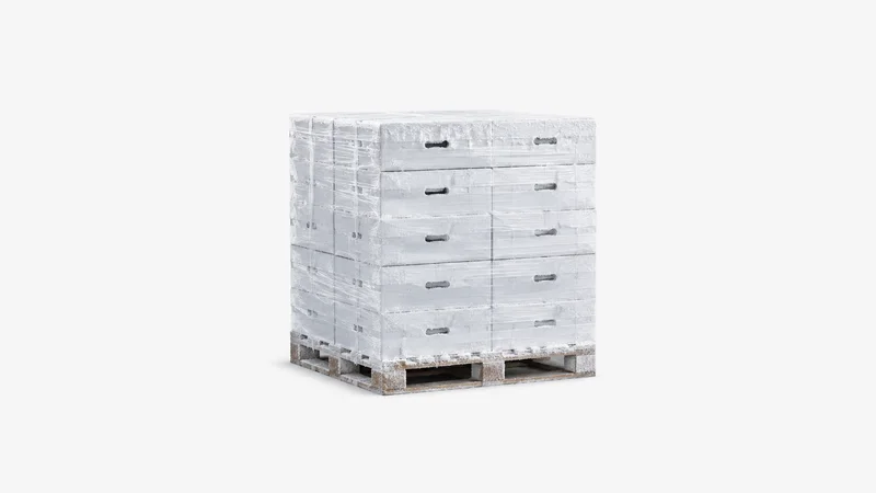 Isolated a frost-dusted stretch-wrapped pallet of white frozen-produce cartons centred on a seamless pale off-white studio background, generous empty margin on every side for overlaid branding