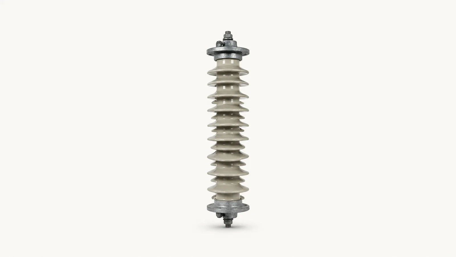 Isolated a ceramic high-voltage insulator string of stacked bell sheds centred on a seamless pale off-white studio background, generous empty margin on every side for overlaid branding