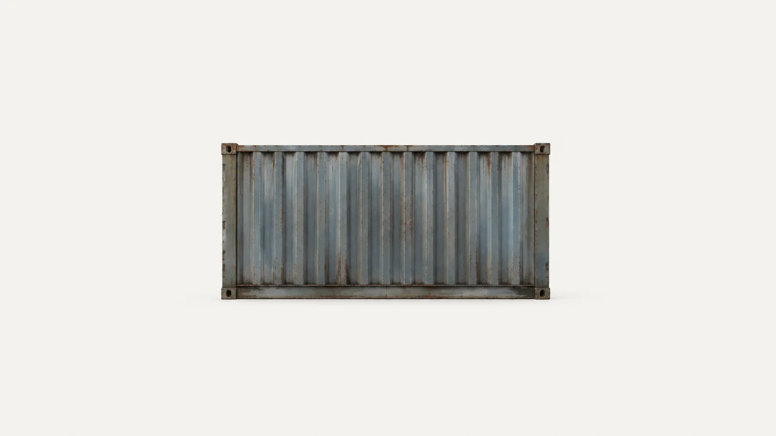 Isolated a corrugated container side-panel section with weathered rust streaks centred on a seamless pale off-white studio background, generous empty margin on every side for overlaid branding