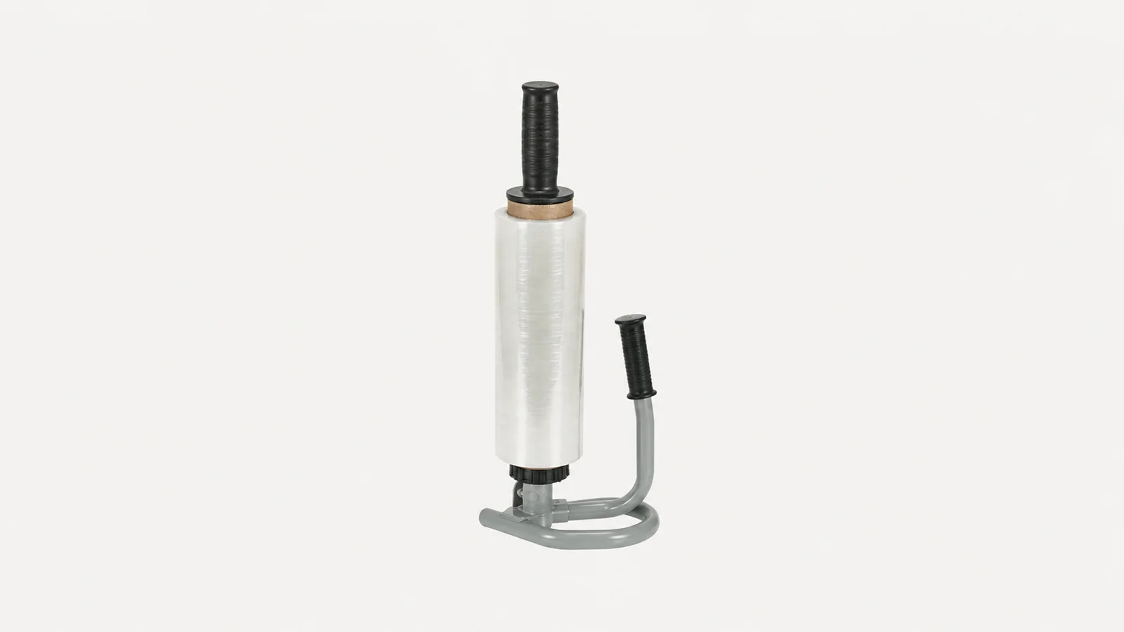 Isolated a hand-held shrink-wrap dispenser with a half-used roll of stretch film centred on a seamless pale off-white studio background, generous empty margin on every side for overlaid branding