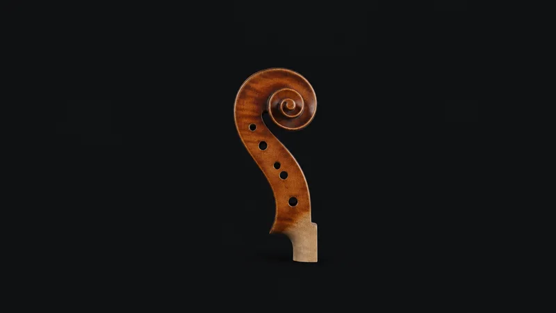 Isolated a carved maple violin scroll with the peg box drilled centred on a seamless deep charcoal near-black studio background, generous empty margin on every side for overlaid branding