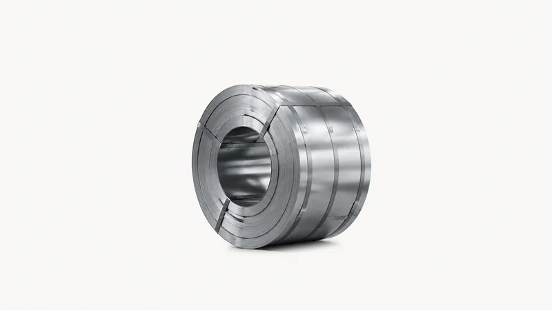 Isolated a tightly wound coil of cold-rolled steel sheet banded with steel strapping centred on a seamless pale off-white studio background, generous empty margin on every side for overlaid branding