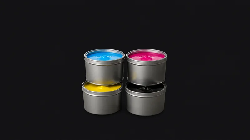 Isolated a set of CMYK process ink tins centred on a seamless deep charcoal near-black studio background, generous empty margin on every side for overlaid branding