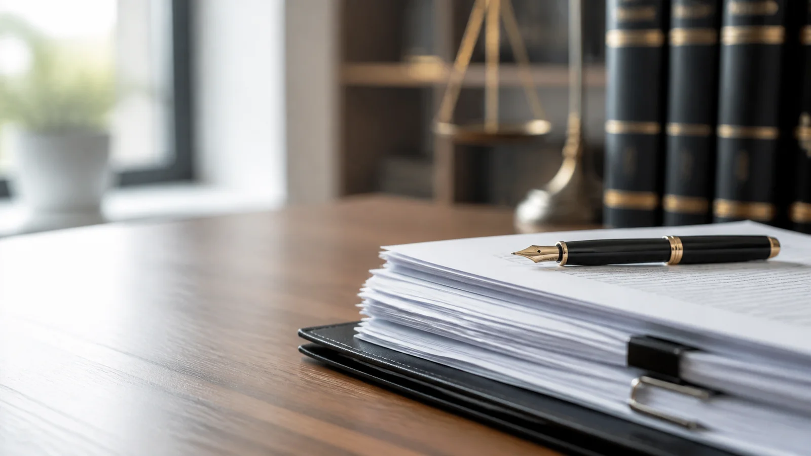 Close, clean detail of the desk with documents and a fountain pen, soft even indoor light, no people in frame