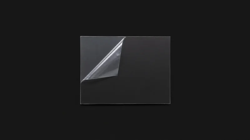 Isolated a sheet of cast acrylic with its protective film peeled back centred on a seamless deep charcoal near-black studio background, generous empty margin on every side for overlaid branding