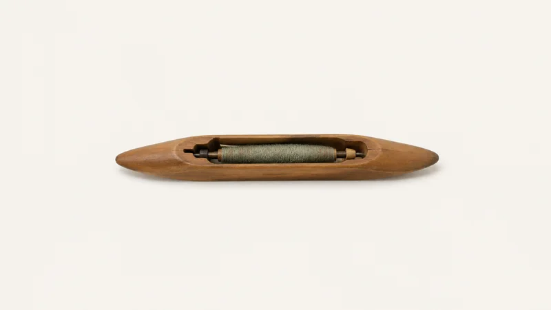 Isolated a wooden weaving shuttle with a pirn of yarn centred on a seamless pale off-white studio background, generous empty margin on every side for overlaid branding