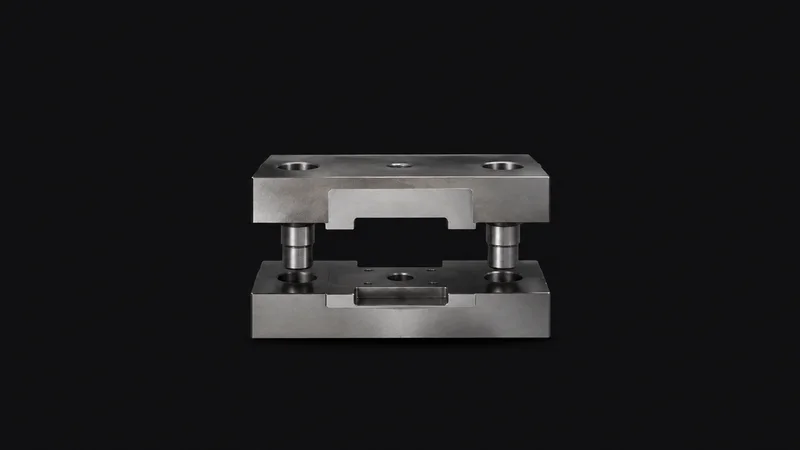 Isolated a pair of ground die blocks with dowel pins centred on a seamless deep charcoal near-black studio background, generous empty margin on every side for overlaid branding