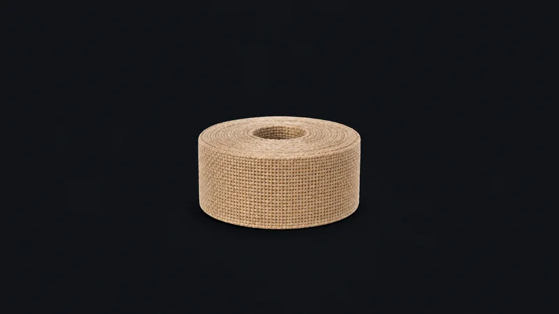 Isolated a roll of jute upholstery webbing centred on a seamless deep charcoal near-black studio background, generous empty margin on every side for overlaid branding