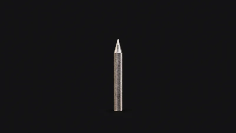 Isolated a tungsten electrode with a ground point centred on a seamless deep charcoal near-black studio background, generous empty margin on every side for overlaid branding