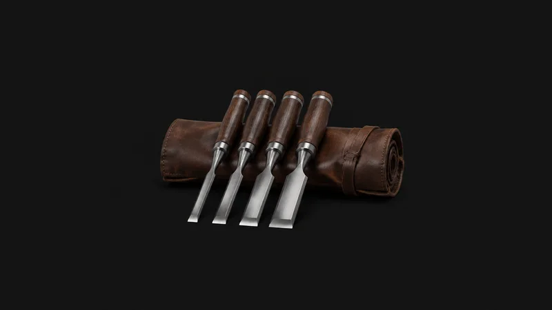 Isolated a set of bevel-edged chisels on a leather roll centred on a seamless deep charcoal near-black studio background, generous empty margin on every side for overlaid branding