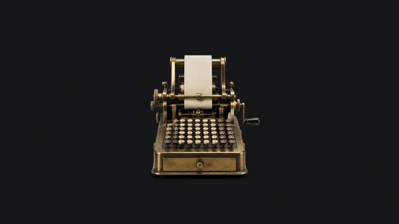 Isolated a brass-cased mechanical adding machine with a paper tape centred on a seamless deep charcoal near-black studio background, generous empty margin on every side for overlaid branding