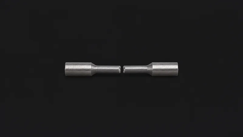 Isolated a machined steel test coupon with a fractured neck centred on a seamless deep charcoal near-black studio background, generous empty margin on every side for overlaid branding