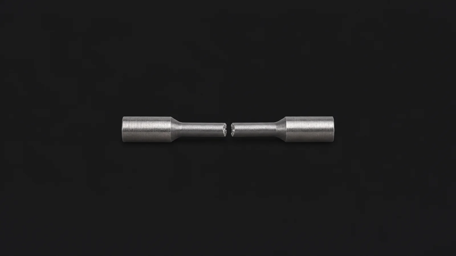 Isolated a machined steel test coupon with a fractured neck centred on a seamless deep charcoal near-black studio background, generous empty margin on every side for overlaid branding