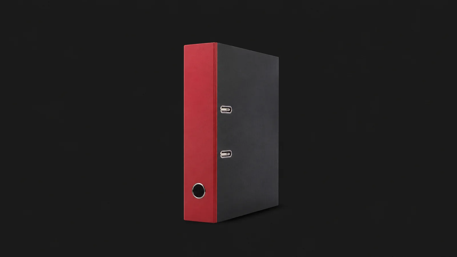 Isolated a lever-arch policy file with a red spine centred on a seamless deep charcoal near-black studio background, generous empty margin on every side for overlaid branding
