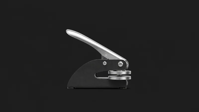 Isolated an embossing seal press with a long lever centred on a seamless deep charcoal near-black studio background, generous empty margin on every side for overlaid branding