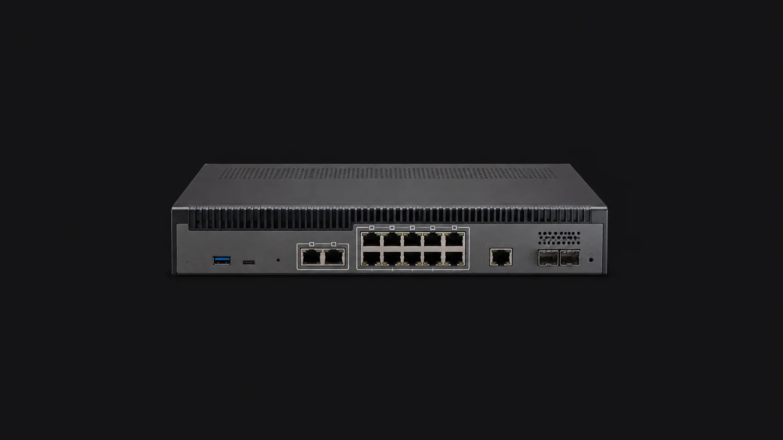 Isolated a small-business firewall appliance with labelled ports centred on a seamless deep charcoal near-black studio background, generous empty margin on every side for overlaid branding