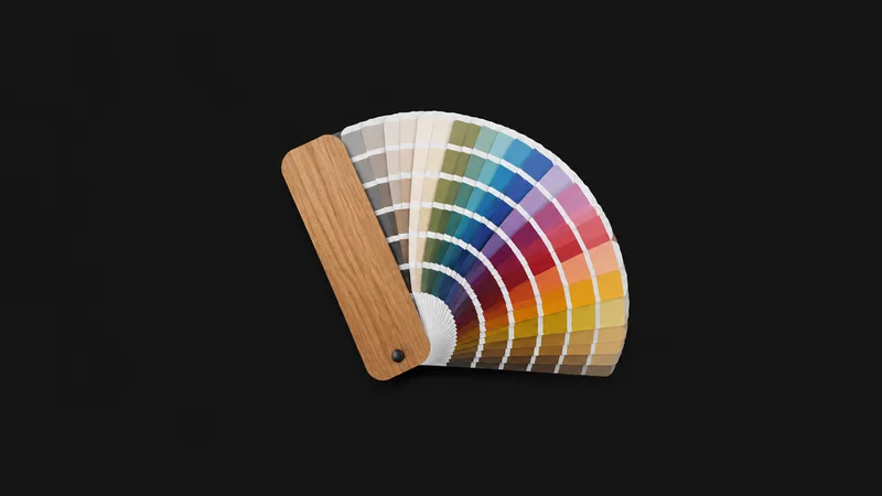 Isolated a wooden artist's pantone-style colour fan deck centred on a seamless deep charcoal near-black studio background, generous empty margin on every side for overlaid branding