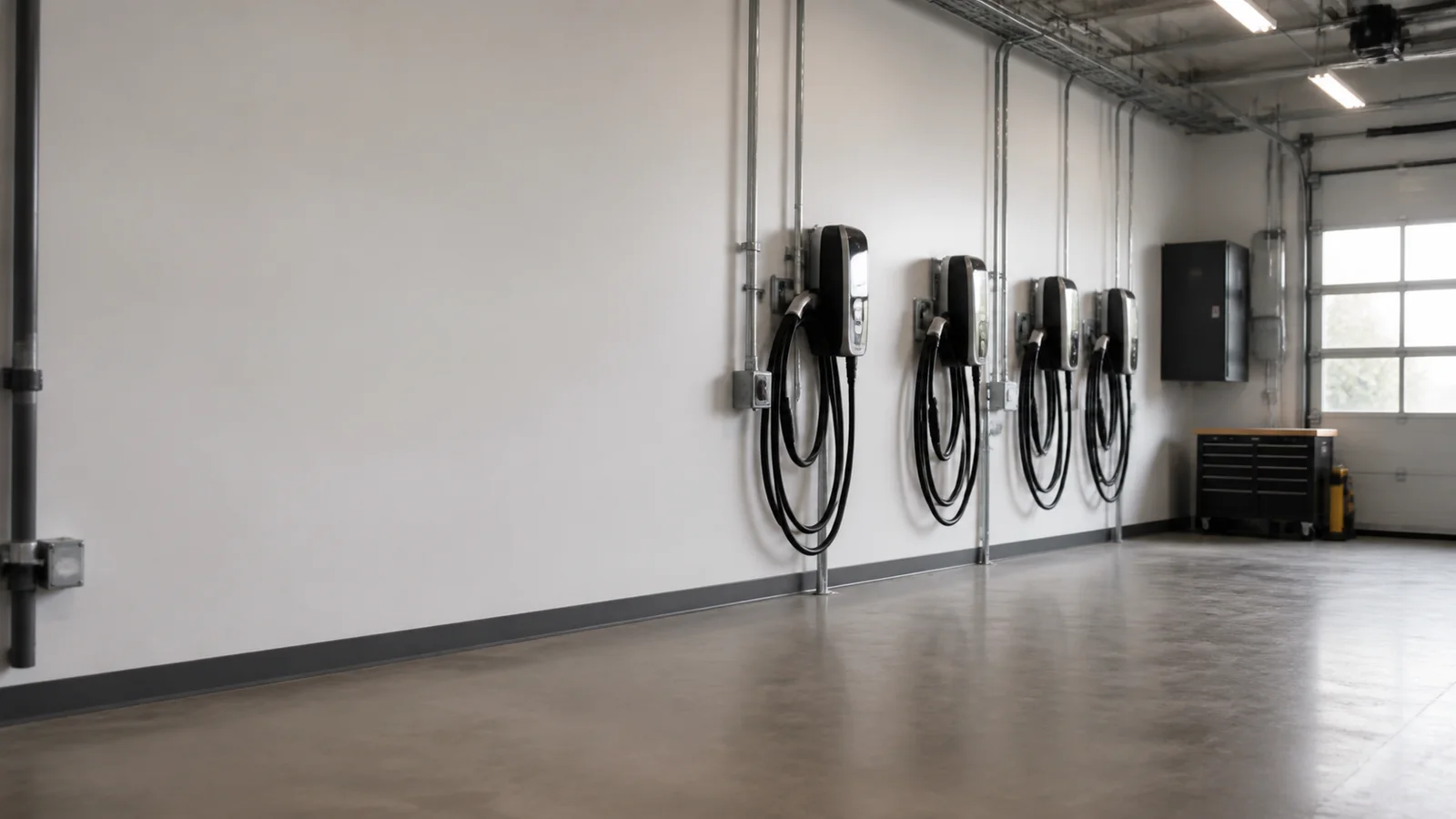 Wide interior view of a service room with charging cables coiled on the wall with no people, soft even indoor light, clean uncluttered foreground for text