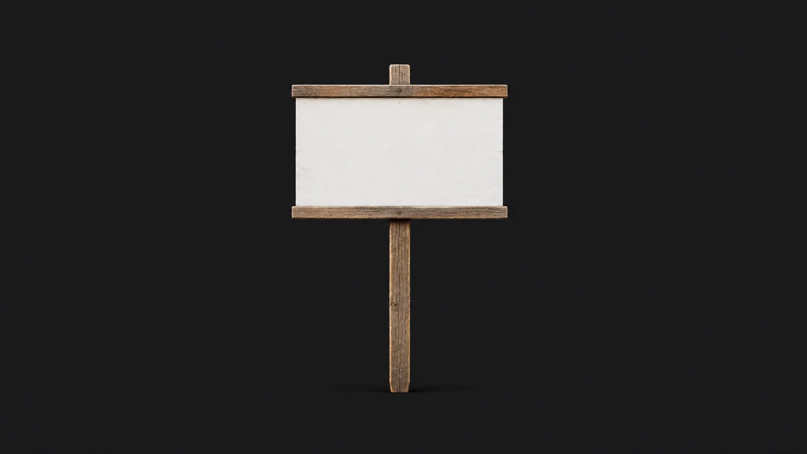 Isolated a blank for-sale sign board on a wooden post centred on a seamless deep charcoal near-black studio background, generous empty margin on every side for overlaid branding