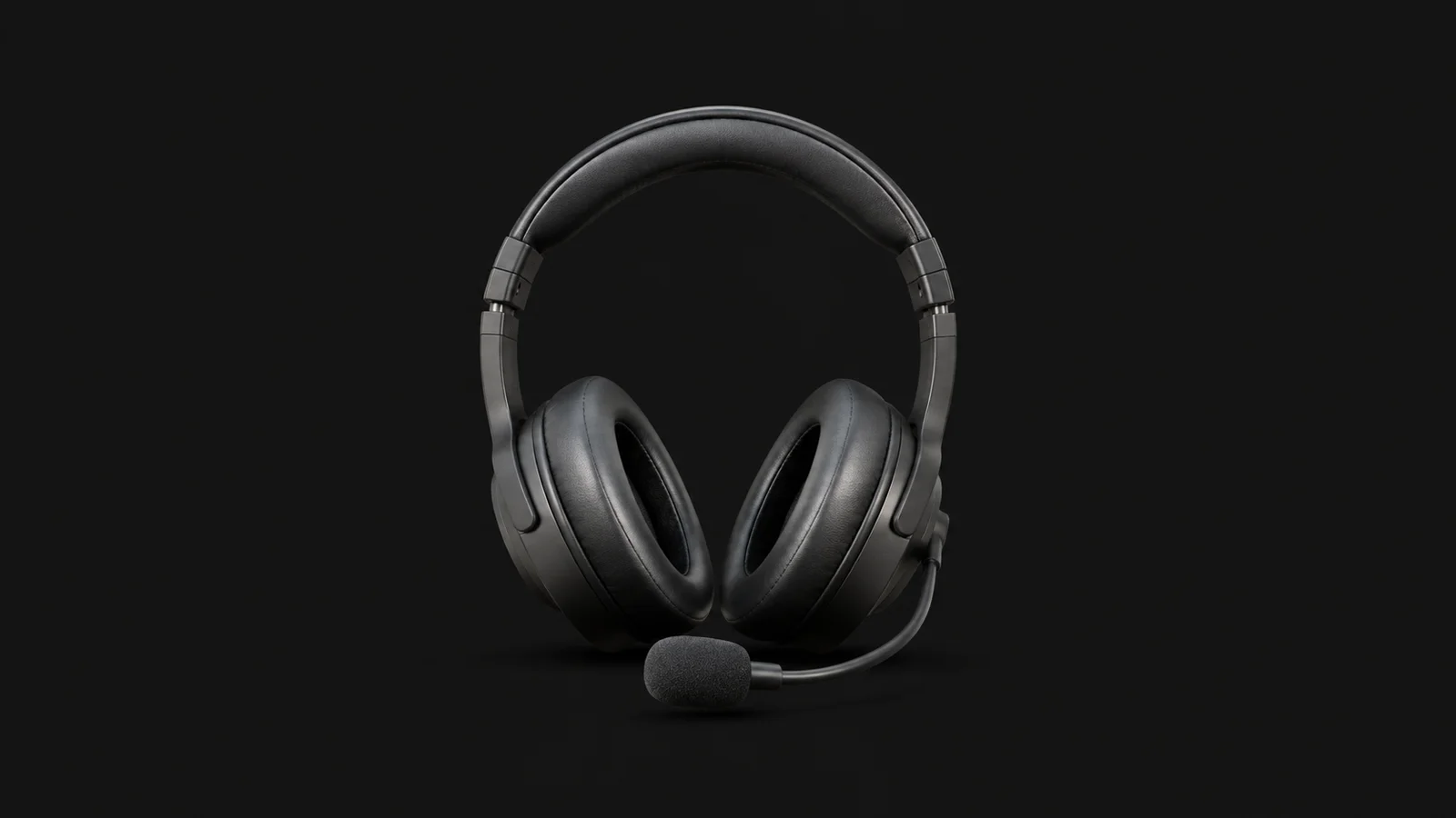 Isolated an interpreter's over-ear headset with a boom microphone centred on a seamless deep charcoal near-black studio background, generous empty margin on every side for overlaid branding