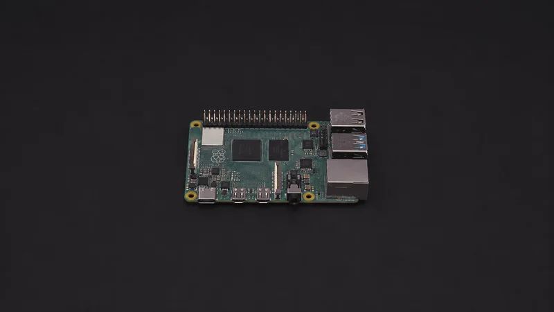 Isolated a single-board computer with exposed GPIO header pins centred on a seamless deep charcoal near-black studio background, generous empty margin on every side for overlaid branding