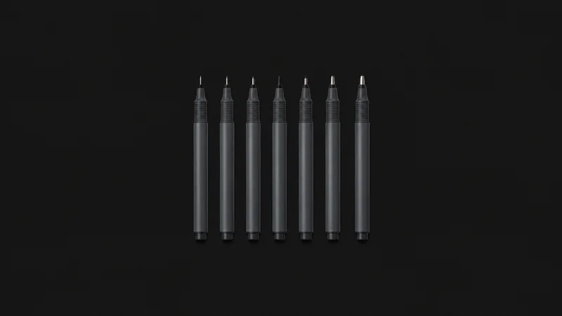 Isolated a set of technical fineliner pens graded by nib width centred on a seamless deep charcoal near-black studio background, generous empty margin on every side for overlaid branding