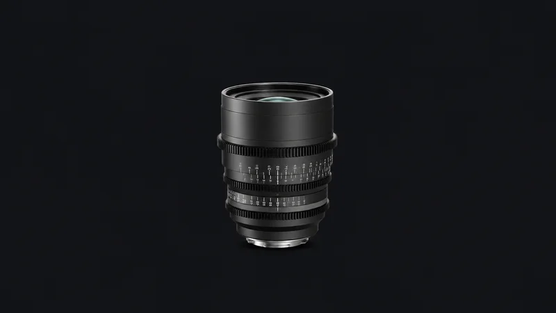 Isolated a cine prime lens with geared focus rings centred on a seamless deep charcoal near-black studio background, generous empty margin on every side for overlaid branding