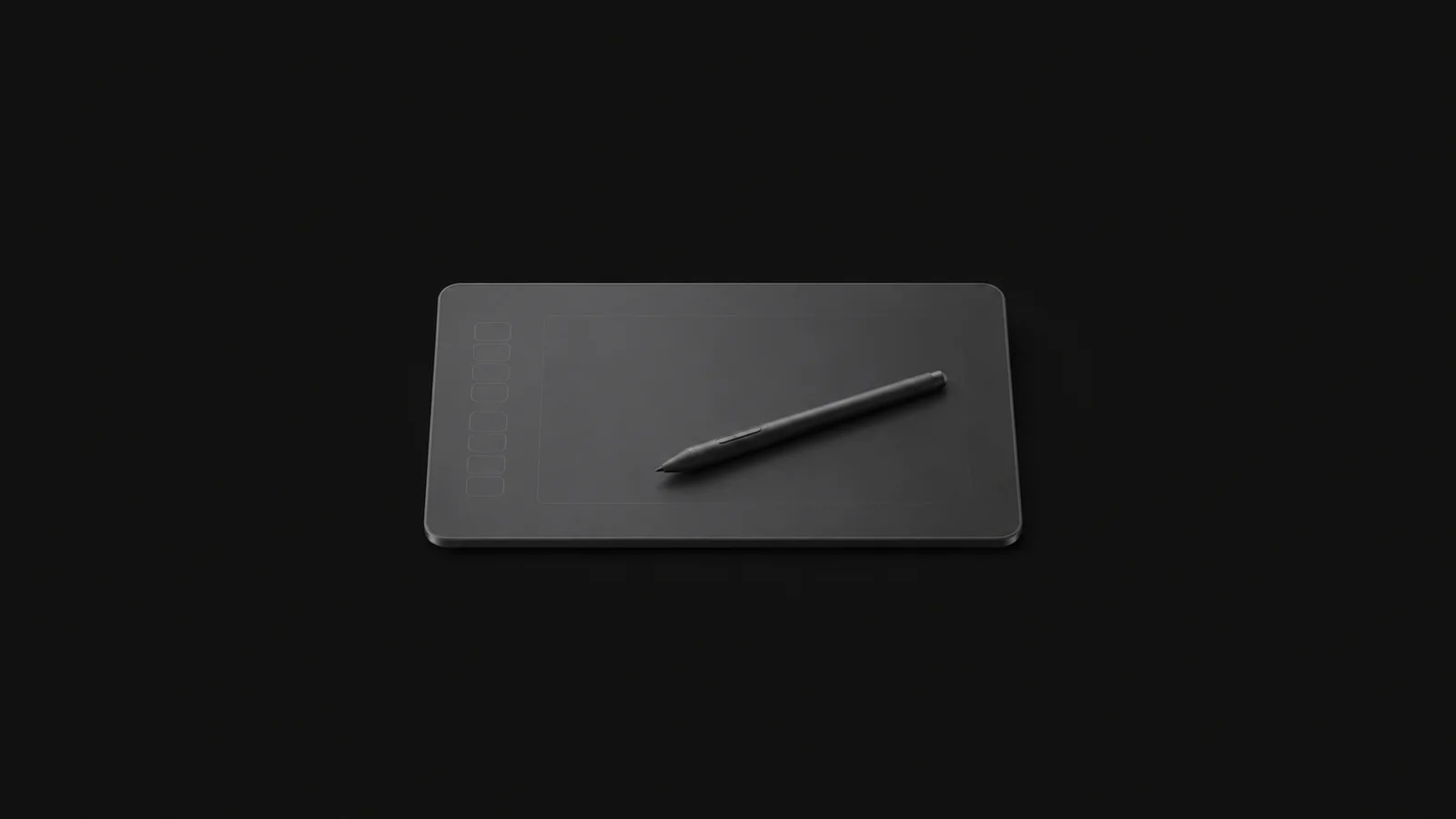 Isolated a stylus pen resting on a slim graphics tablet centred on a seamless deep charcoal near-black studio background, generous empty margin on every side for overlaid branding