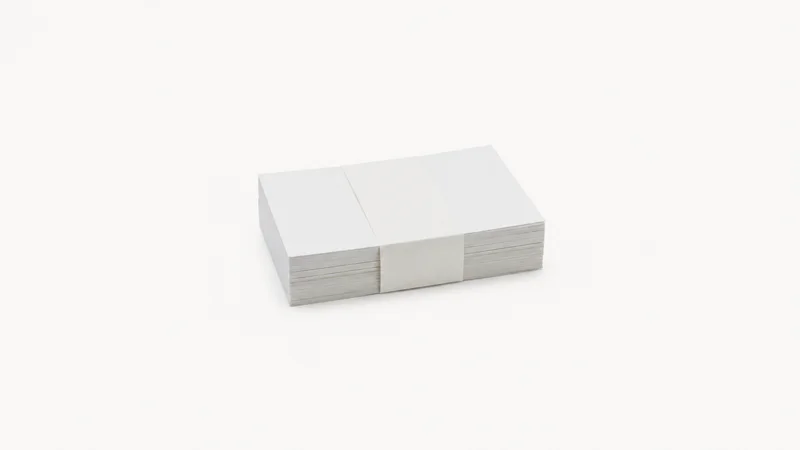 Isolated a stack of blank postcard mailers with a paper band centred on a seamless pale off-white studio background, generous empty margin on every side for overlaid branding