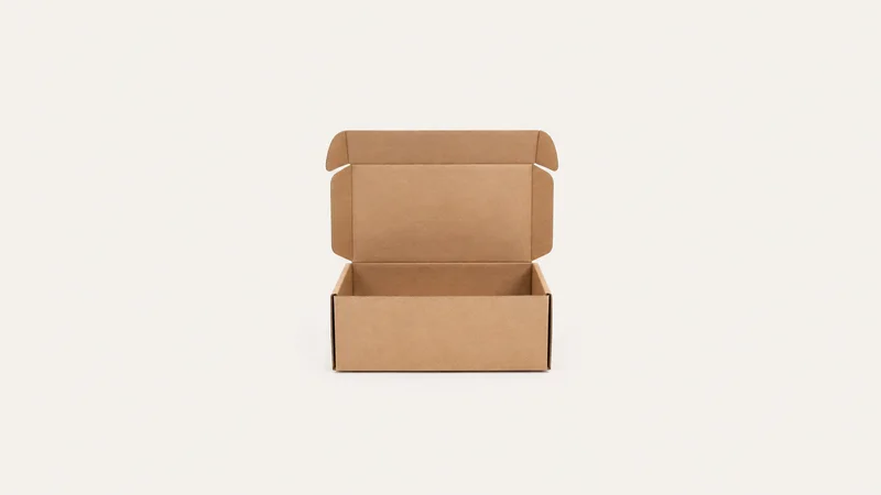 Isolated a plain kraft mailer box with the flap open centred on a seamless pale off-white studio background, generous empty margin on every side for overlaid branding