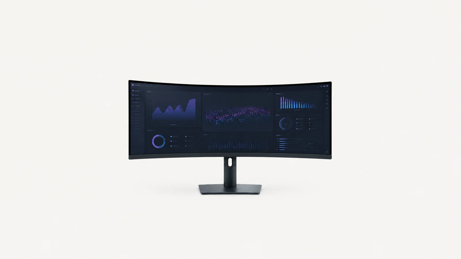 Isolated a curved ultrawide monitor on a stand centred on a seamless pale off-white studio background, generous empty margin on every side for overlaid branding
