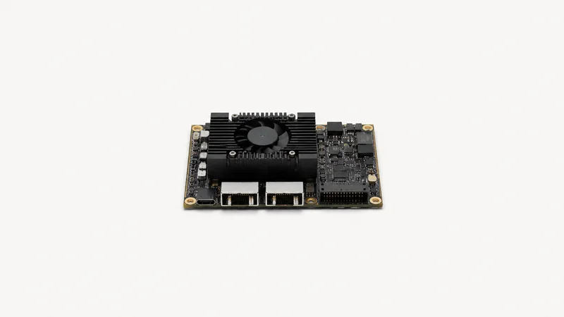 Isolated a palm-sized inference accelerator module centred on a seamless pale off-white studio background, generous empty margin on every side for overlaid branding