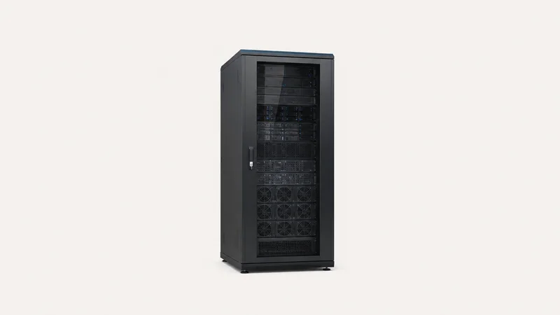 Isolated a glass-doored edge micro-data-centre cabinet centred on a seamless pale off-white studio background, generous empty margin on every side for overlaid branding