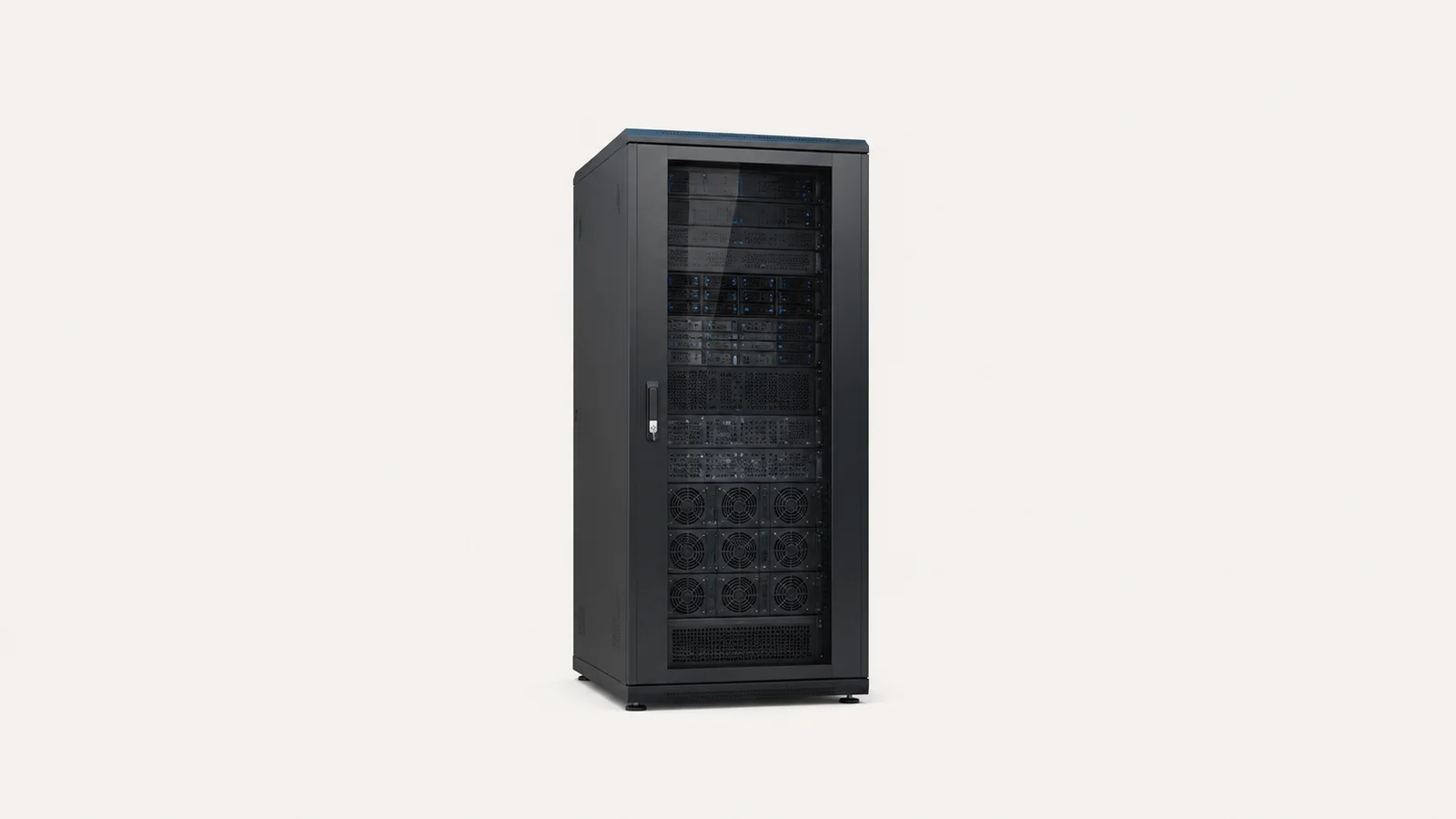 Isolated a glass-doored edge micro-data-centre cabinet centred on a seamless pale off-white studio background, generous empty margin on every side for overlaid branding