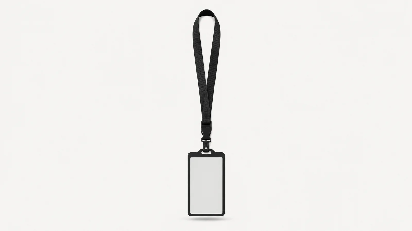 Isolated a lanyard-mounted rfid staff pass with a blank face centred on a seamless pale off-white studio background, generous empty margin on every side for overlaid branding